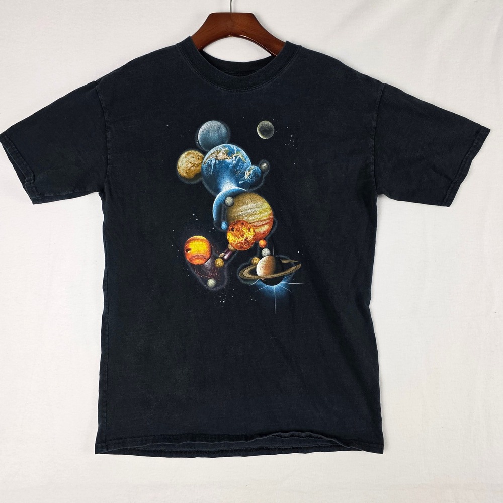 Vintage Disney Mickey Mouse Planet Solar System Black Graphic T-Shirt Size XL